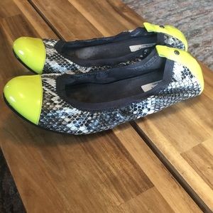 Neon and snakeskin flats